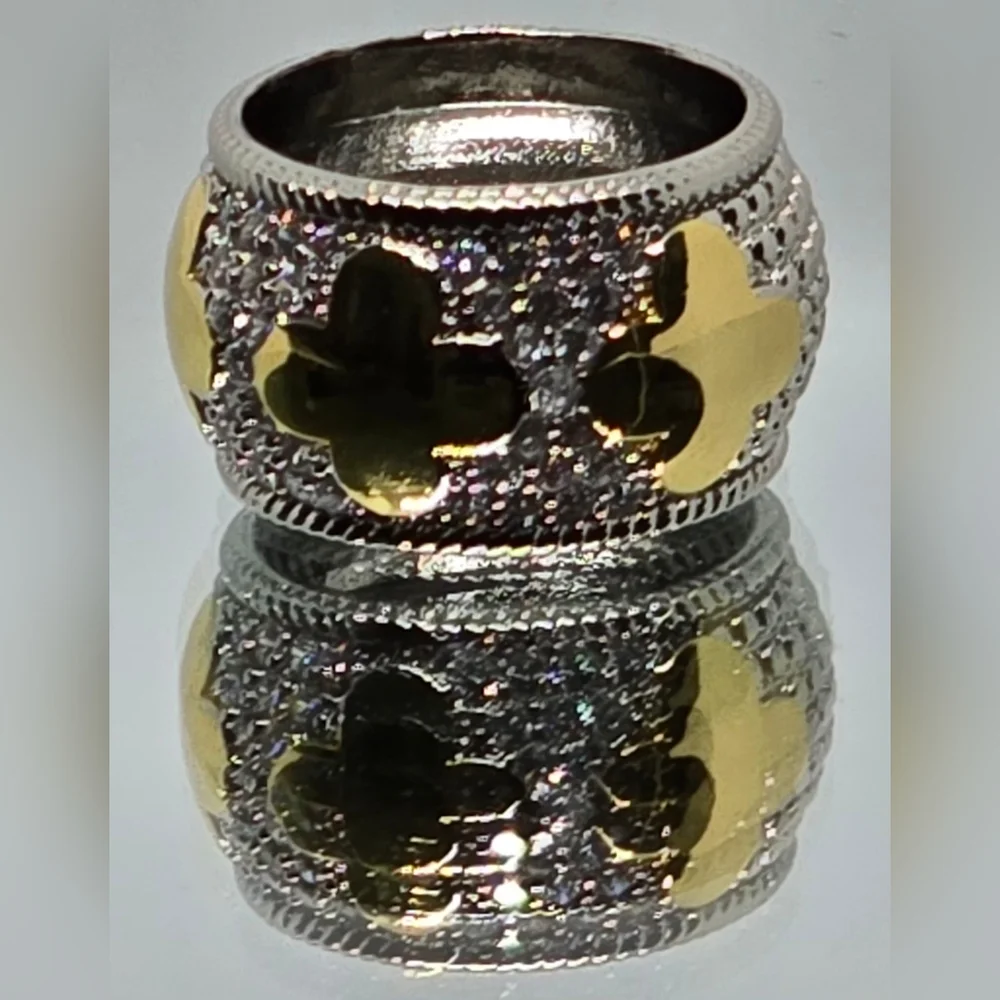 Gold & Silver Clover Accent  Wide Band Ring - Women Jewelry